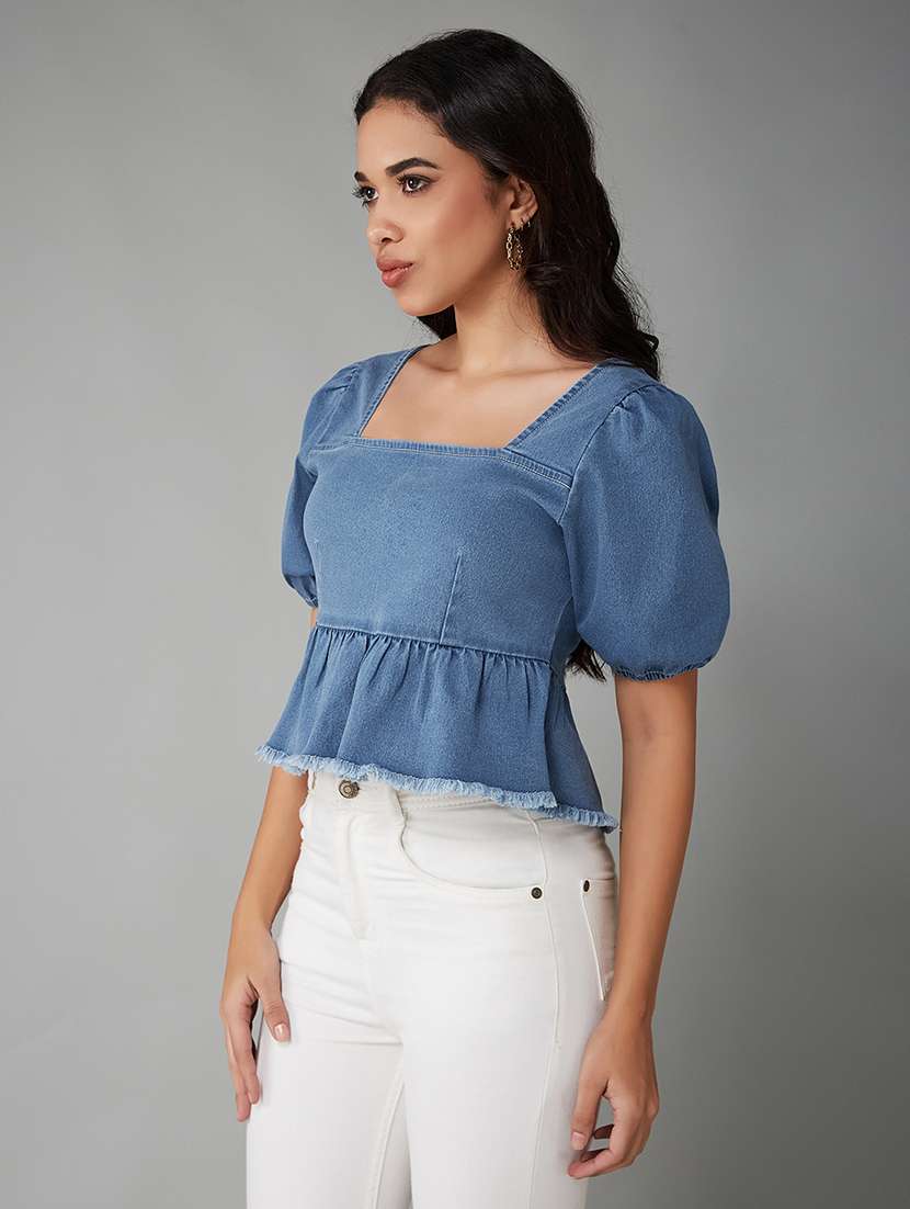 women solid puff sleeve denim peplum top - 22401996 -  Standard Image - 2