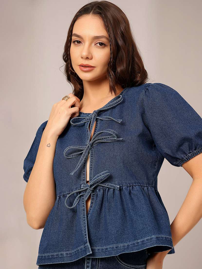 women solid puff sleeve front tie up denim peplum top - 22401997 -  Standard Image - 2
