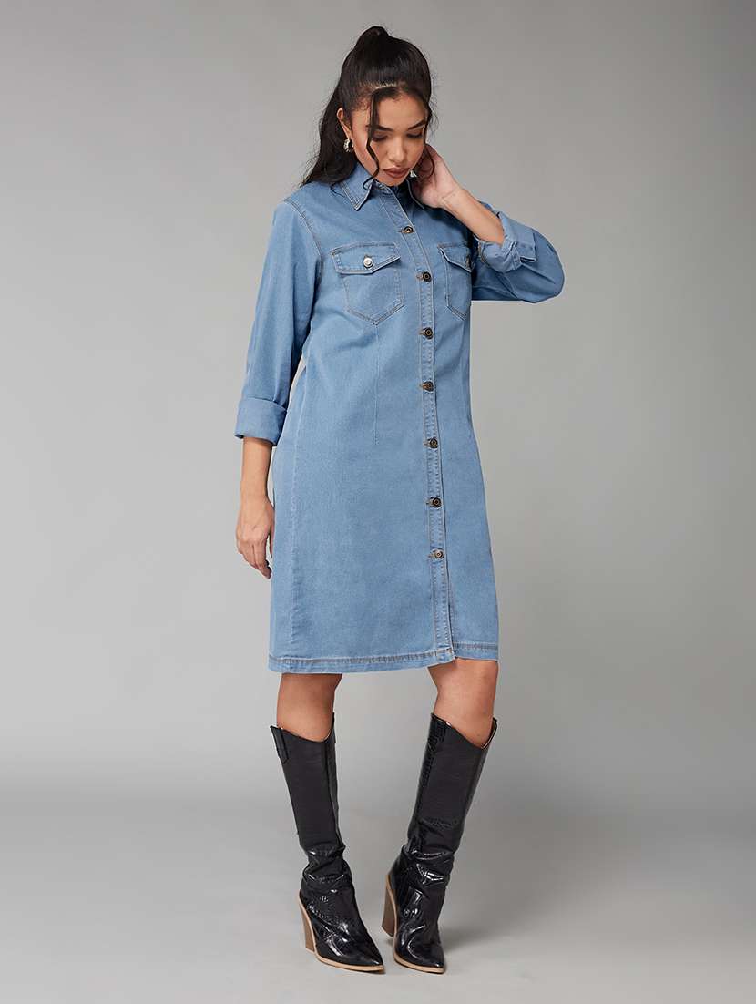 women solid collared long sleeve long denim jacket - 22402000 -  Standard Image - 2