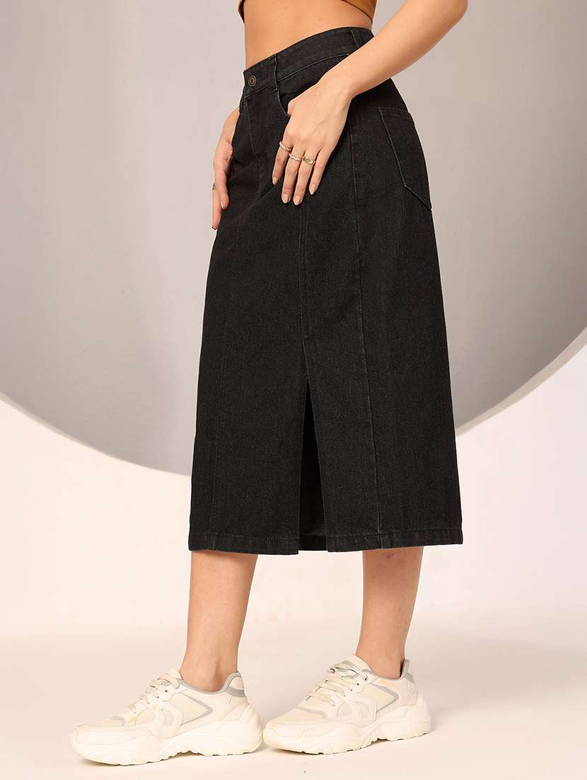women solid high rirse straight denim skirt - 22402005 -  Standard Image - 2