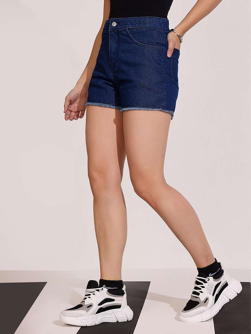 Women Solid High Rise Denim Shorts - 22402011 -  Standard Image - 2
