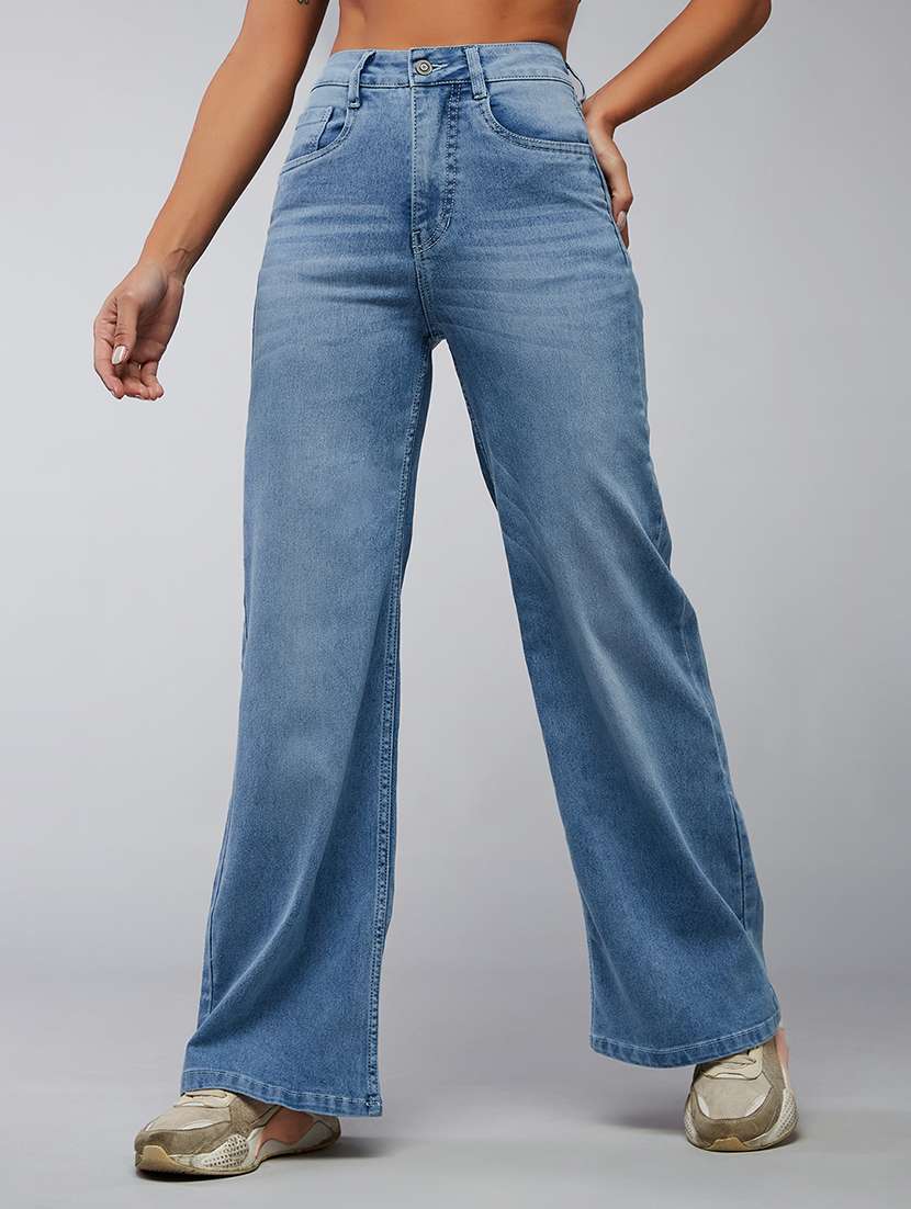 women solid high rise wide leg jeans