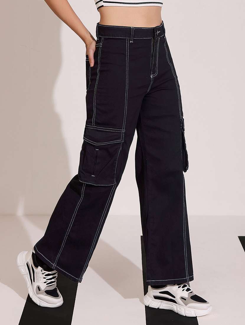 women solid high rise denim cargo - 22402026 -  Standard Image - 2