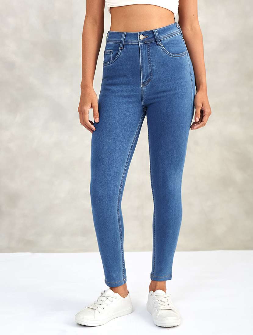 women solid high rise skinny jeans