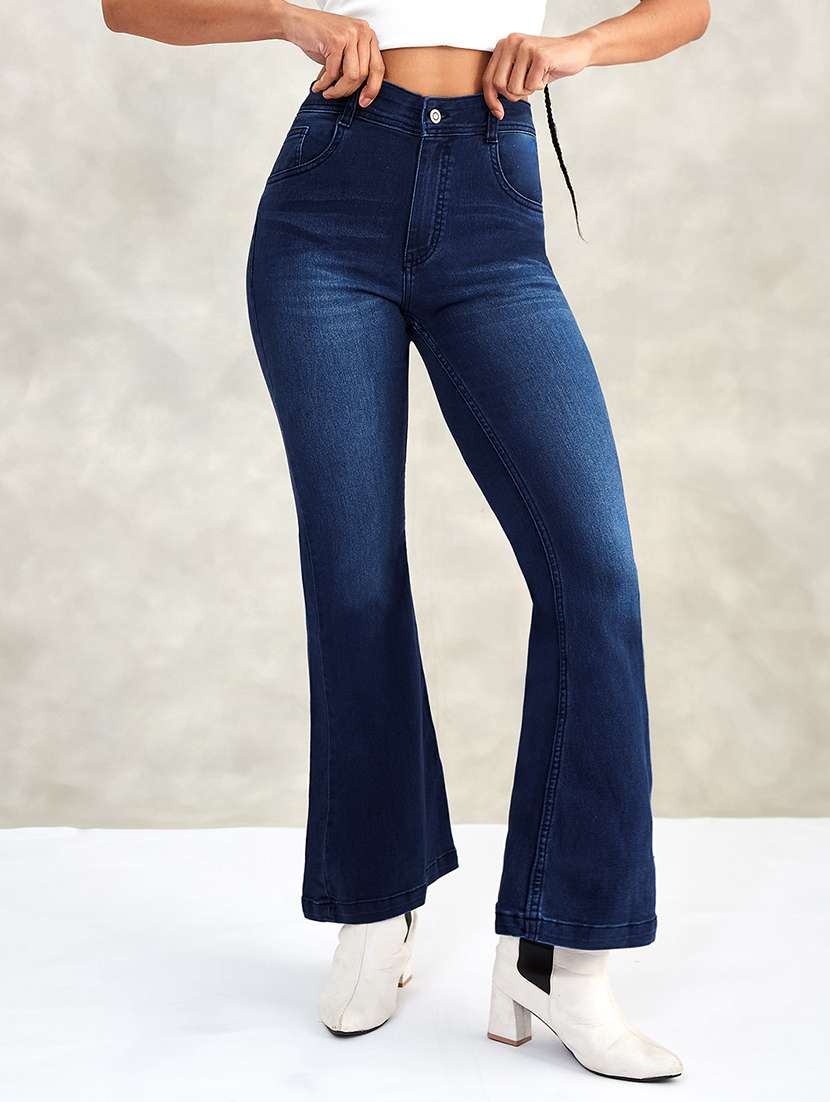 women solid high rise bootcut jeans