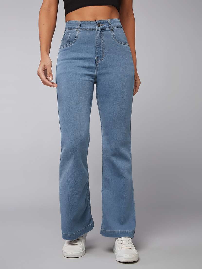 women solid high rise bootcut jeans