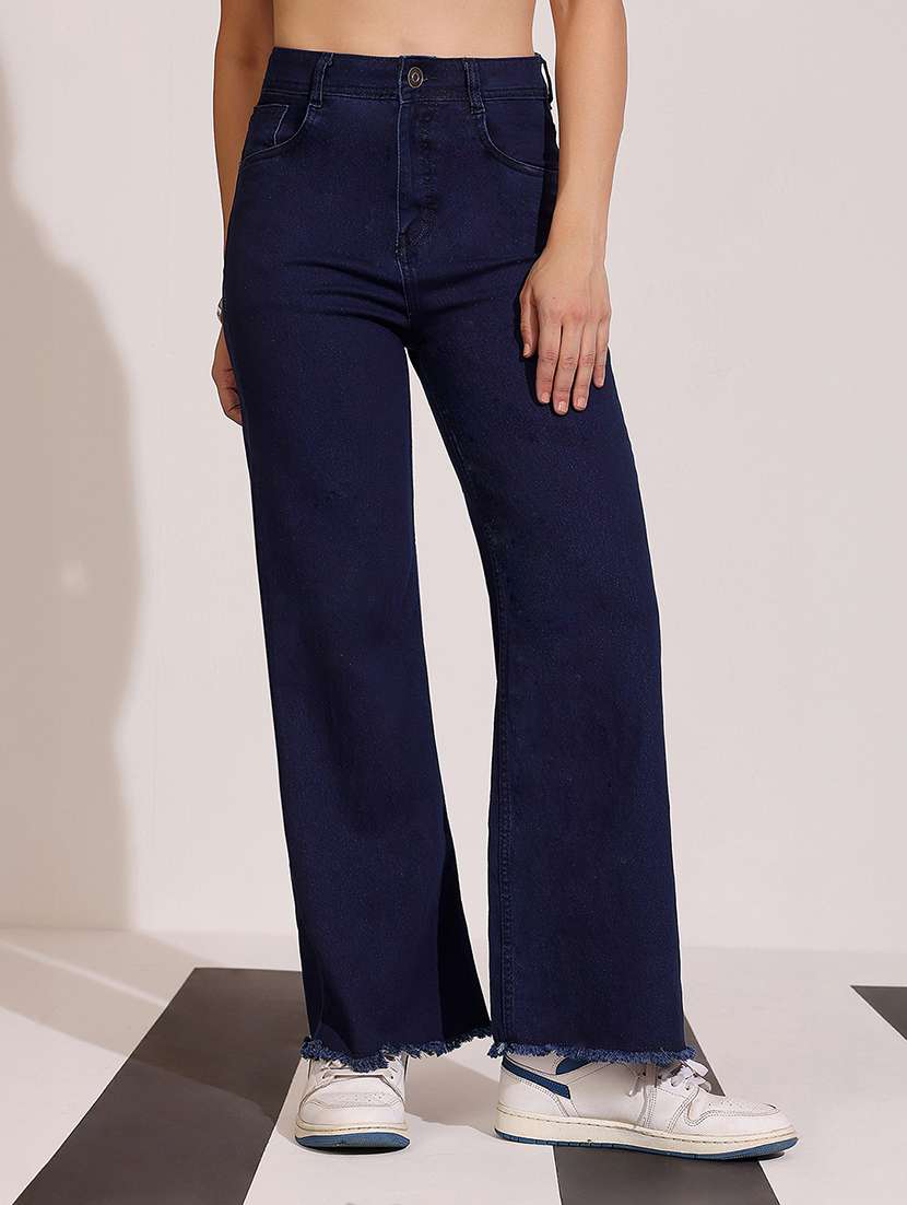 women solid high rise wide leg jeans