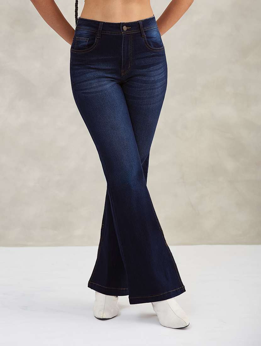 women solid high rise bootcut jeans