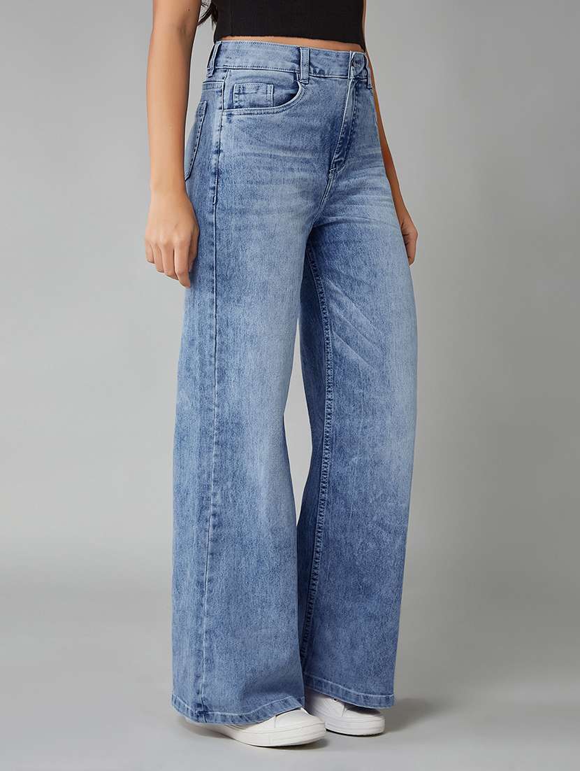 women solid high rise wide leg jeans
