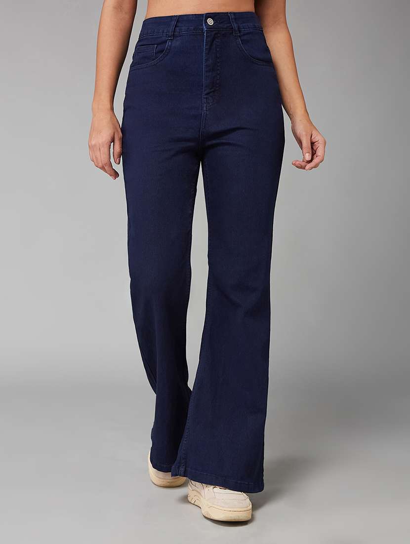 women solid high rise bootcut jeans