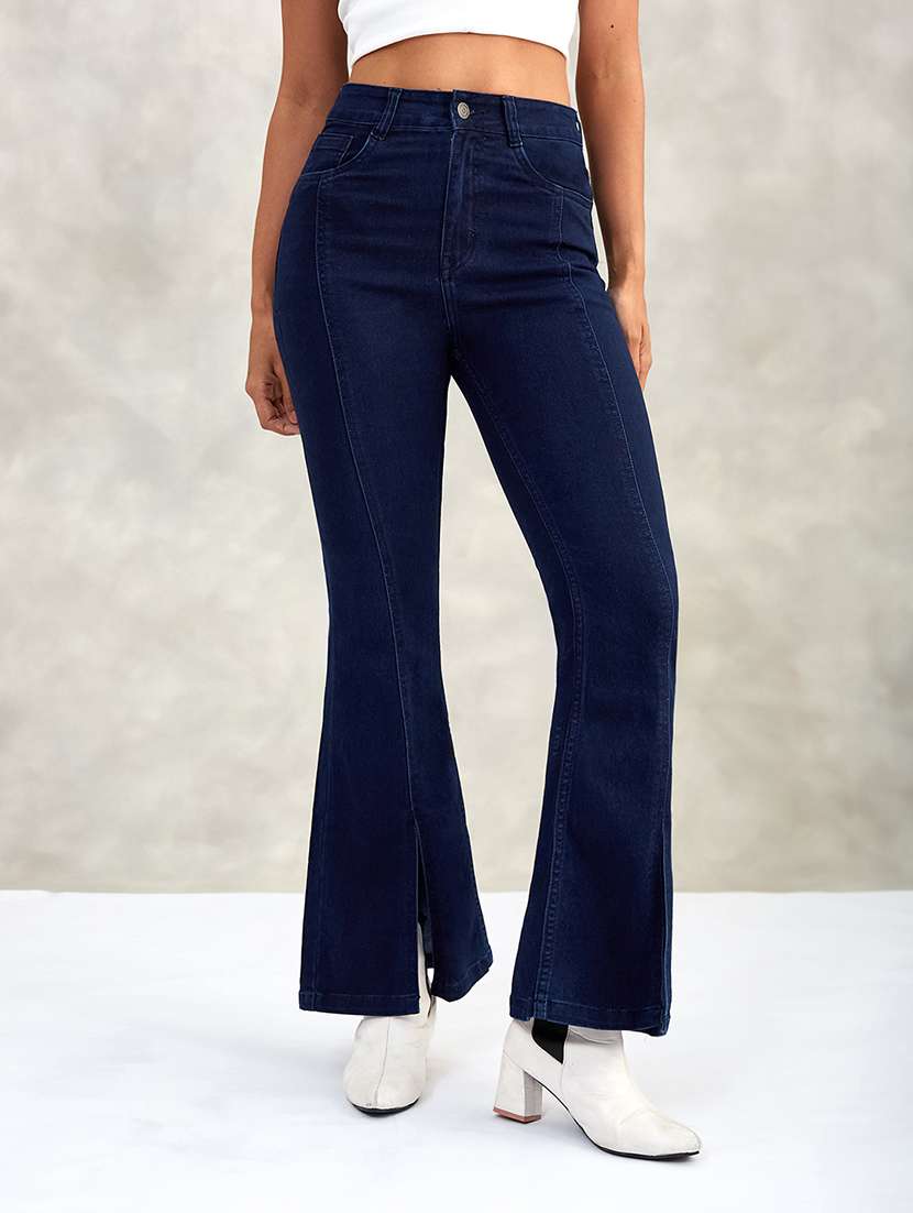 women solid high rise bootcut jeans
