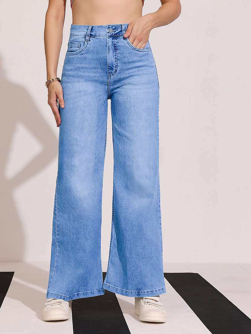 women solid high rise wide leg jeans