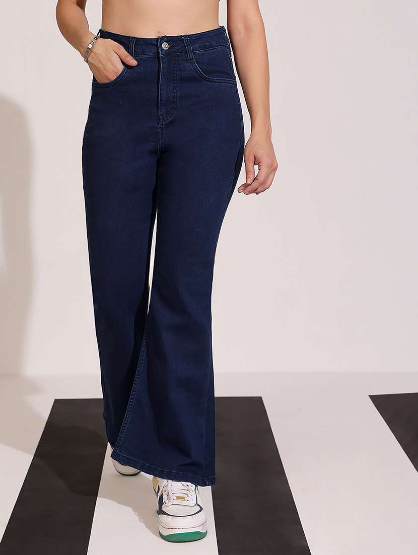 women solid high rise bootcut jeans