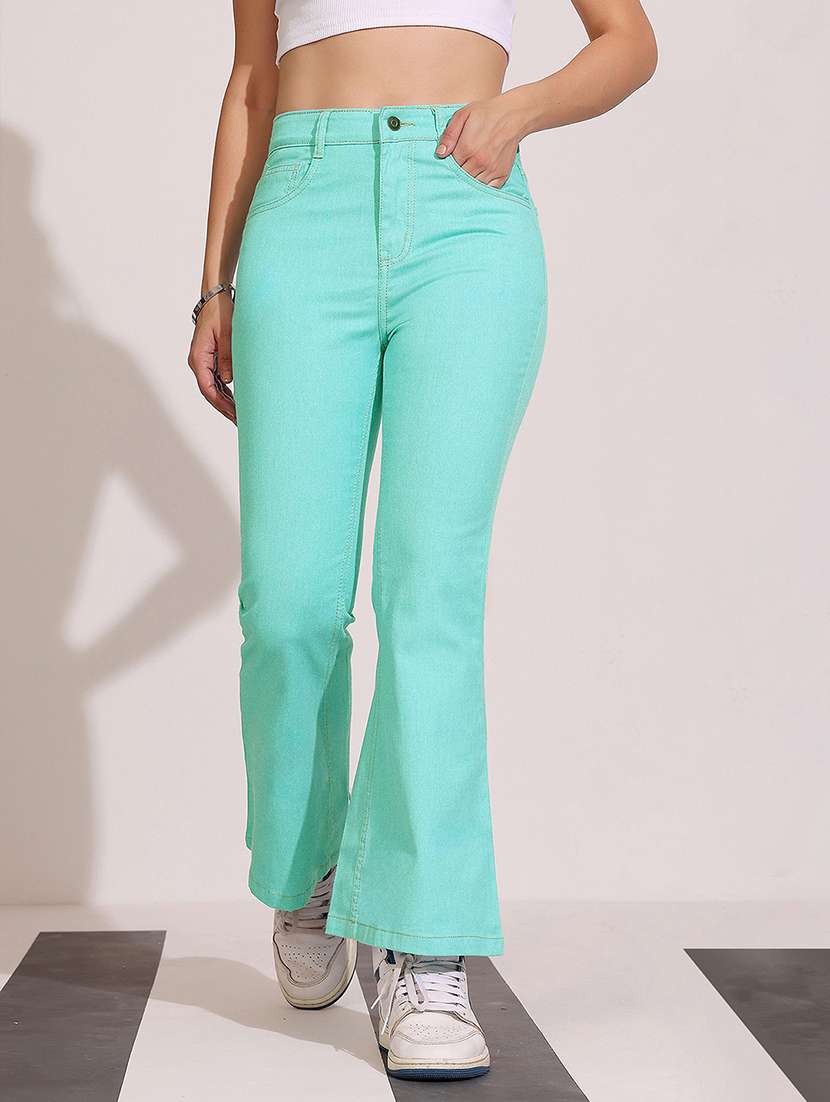 women solid high rise bootcut jeans