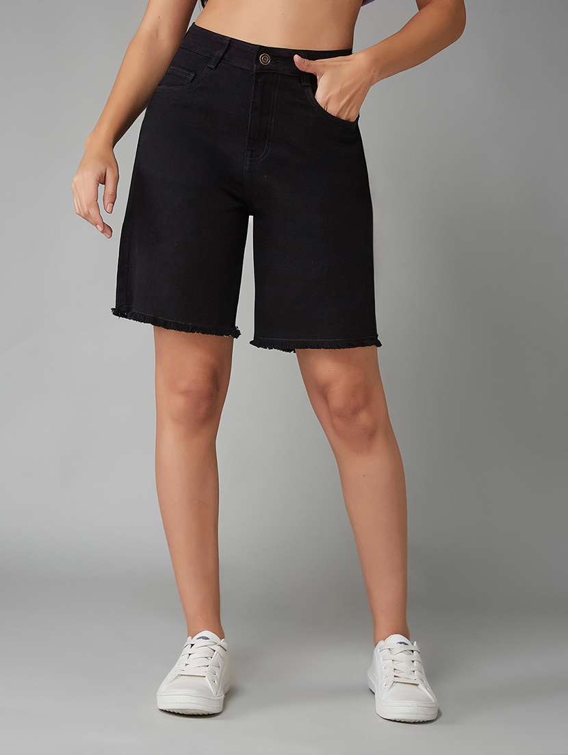 women solid high rise denim bermuda short