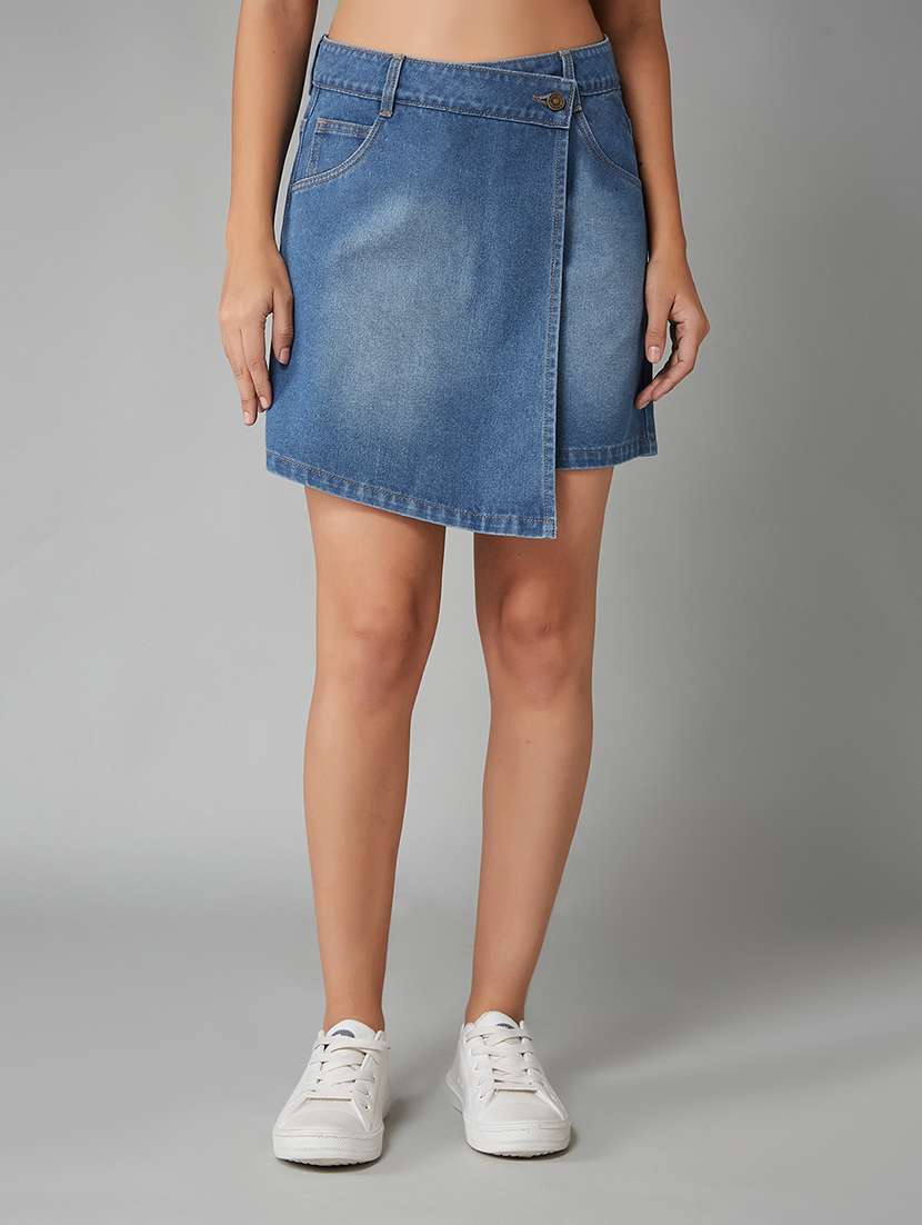 women solid high rise denim skorts