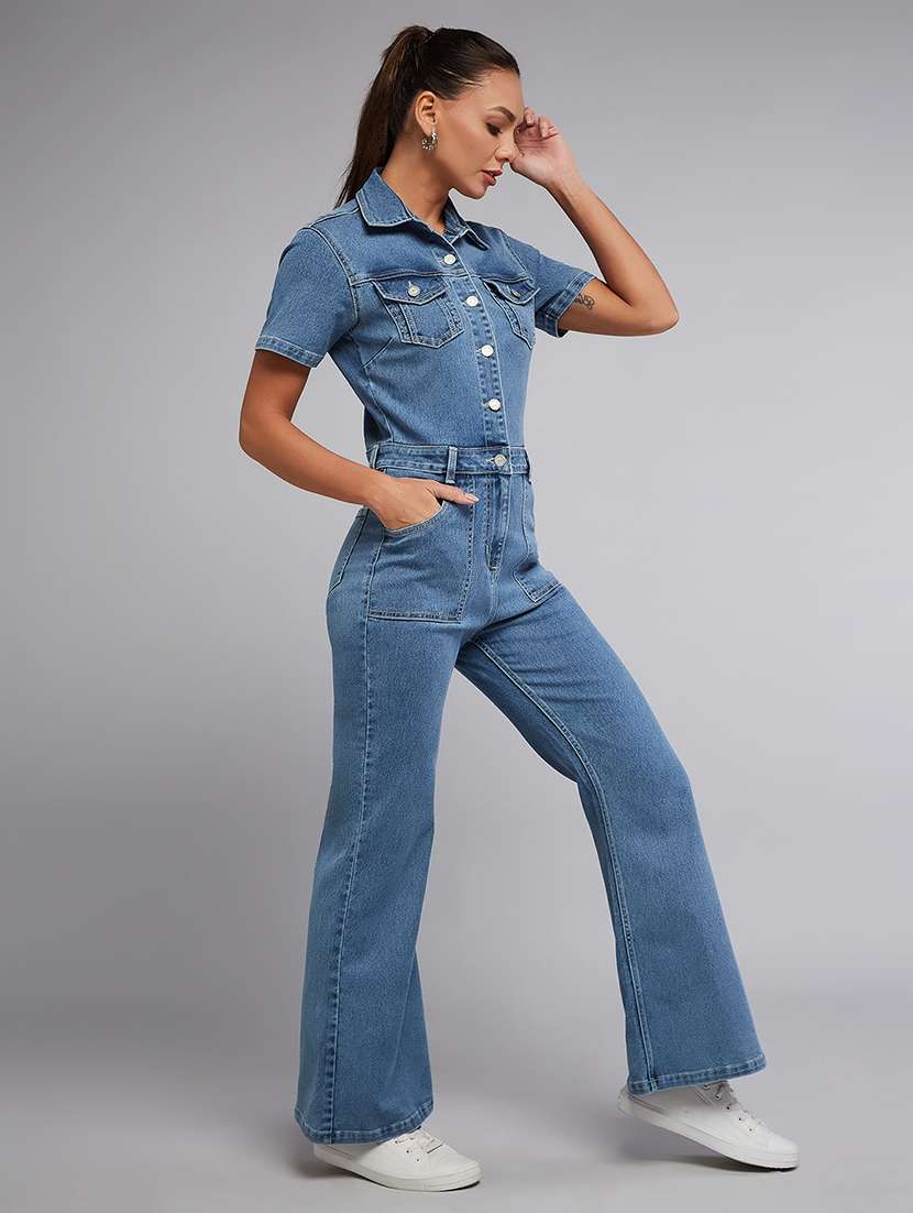women solid short sleeve denim jumpsuit - 22402522 -  Standard Image - 2