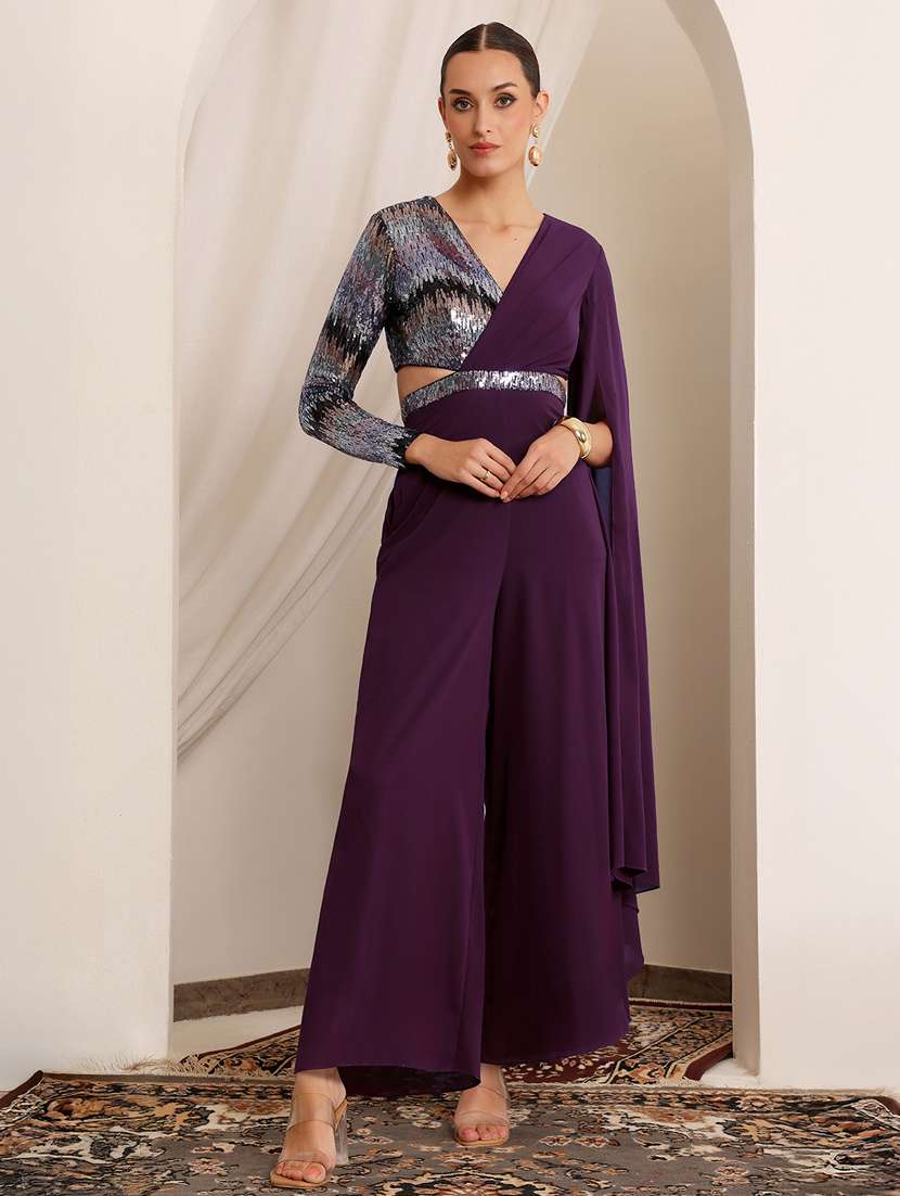 Women Sequined Cape Sleeve Fusion Jumpsuit - 22402529 -  Standard Image - 2