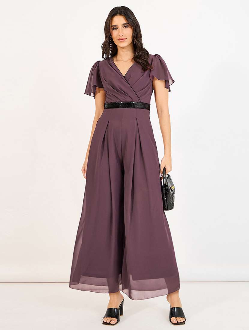 women solid overlap neck flared jumpsuit