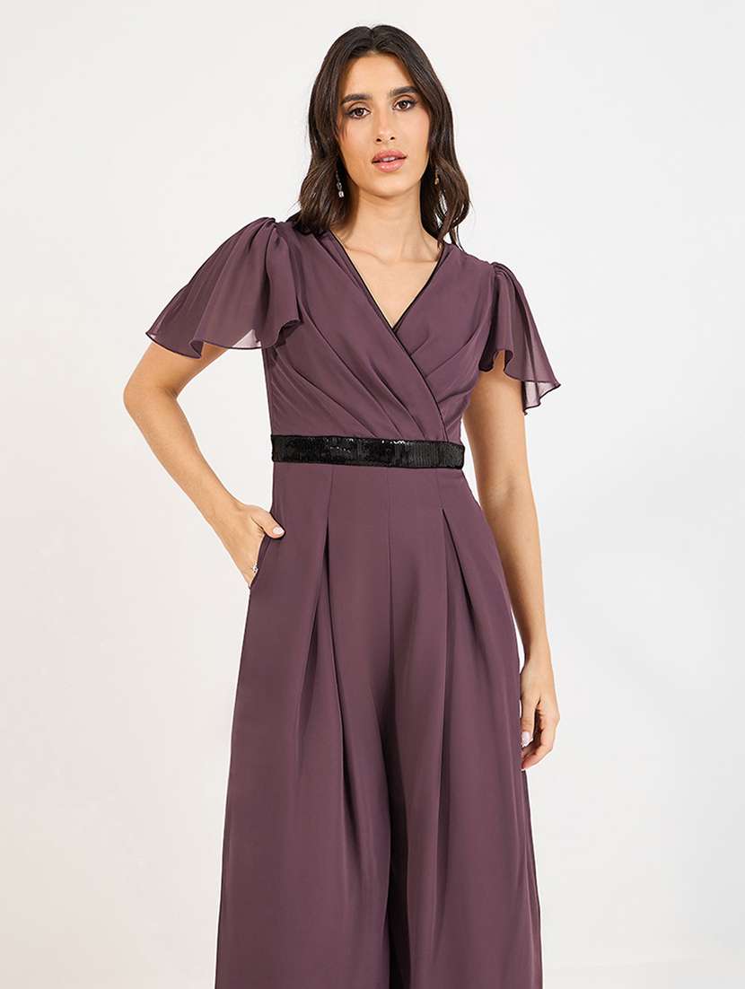 women solid overlap neck flared jumpsuit - 22402535 -  Standard Image - 2