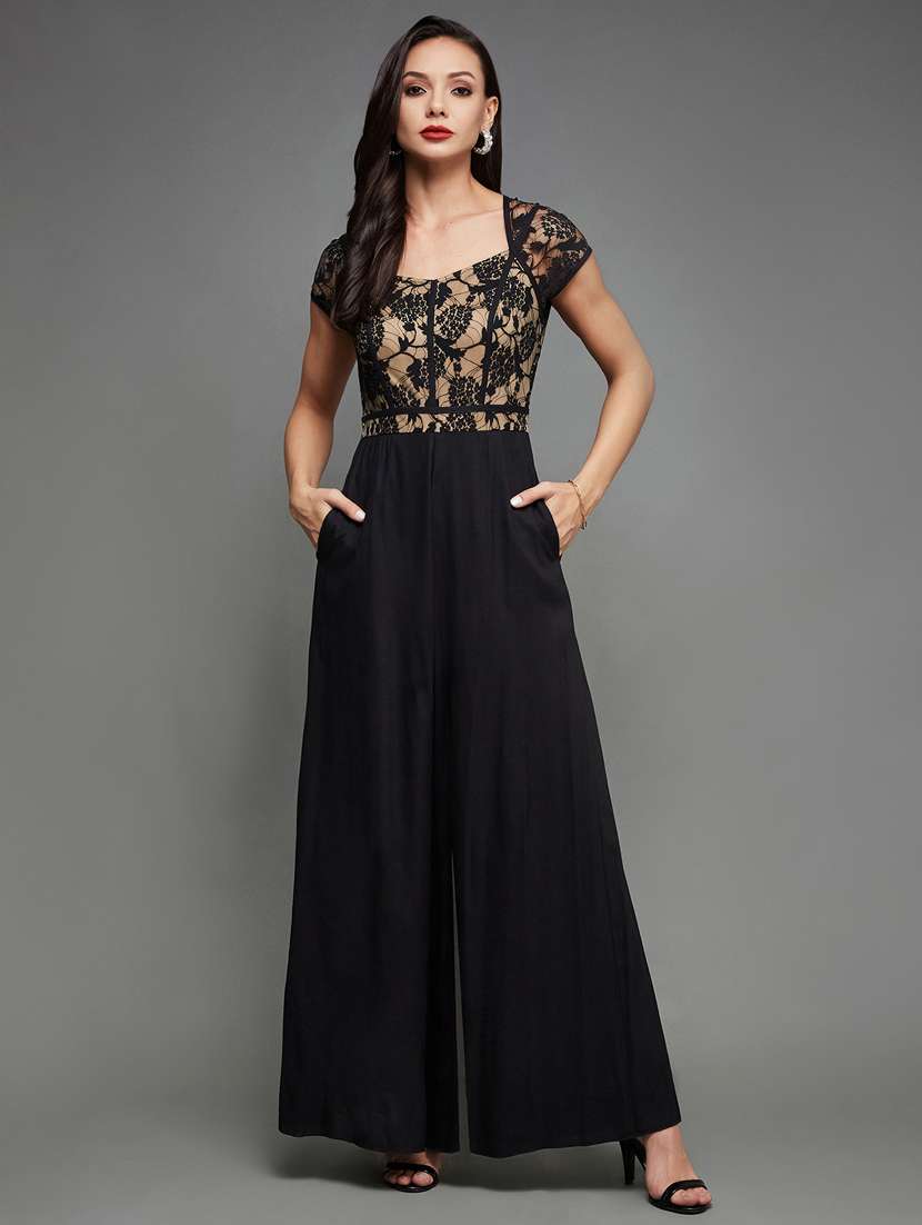 women solid short sleeve lace flared jumpsuit - 22402563 -  Standard Image - 2