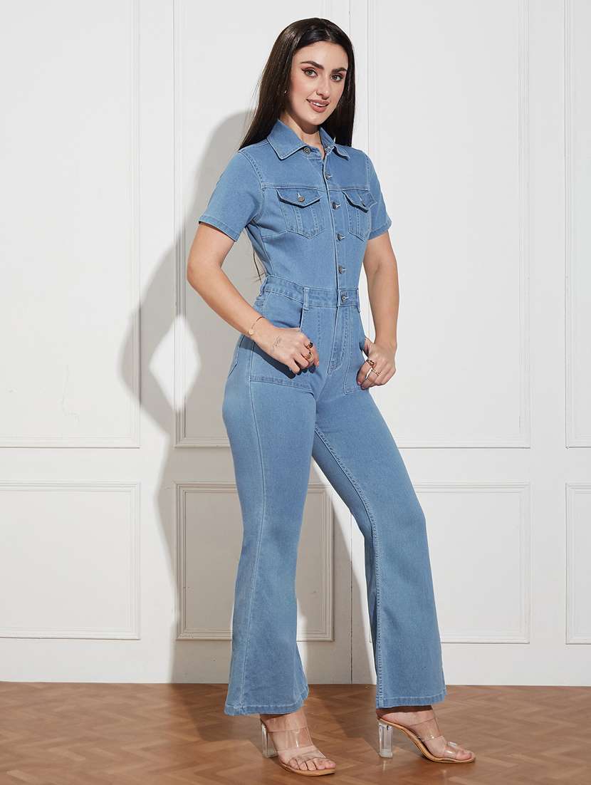 women solid short sleeve denim jumpsuit - 22402565 -  Standard Image - 2
