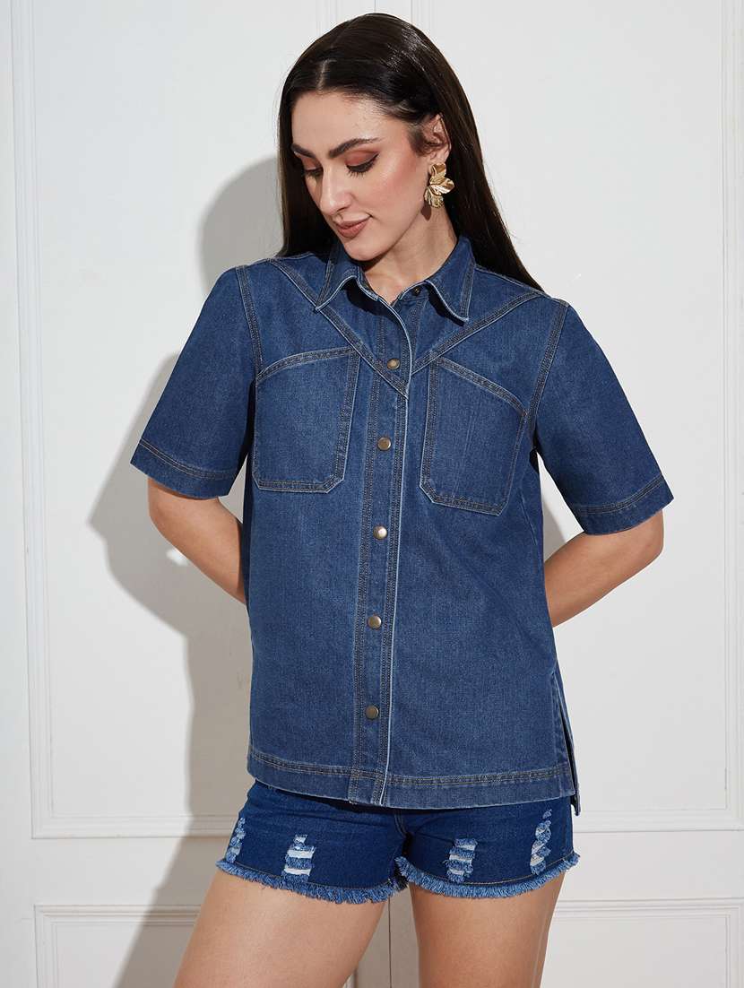 women solid collared short sleeve denim shirt