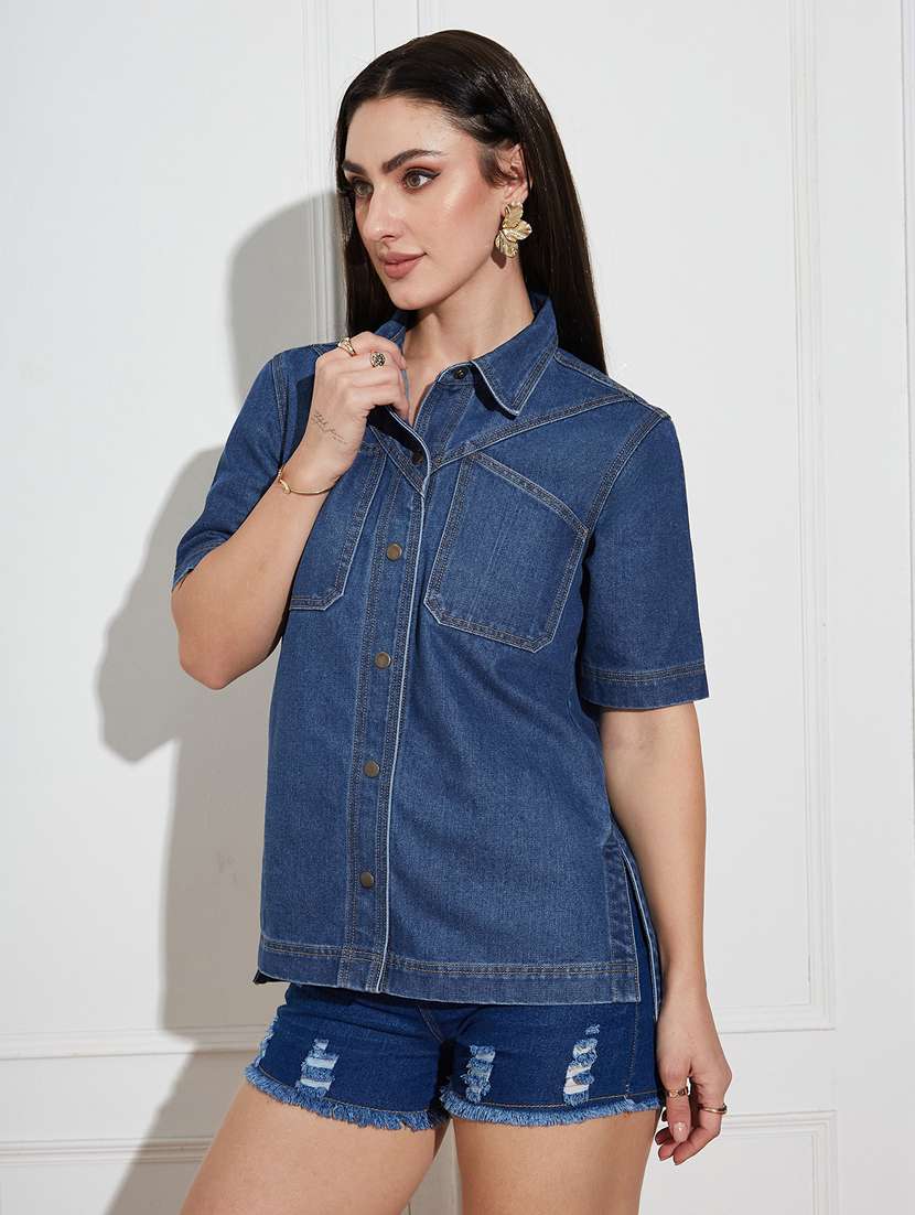 women solid collared short sleeve denim shirt - 22402570 -  Standard Image - 2