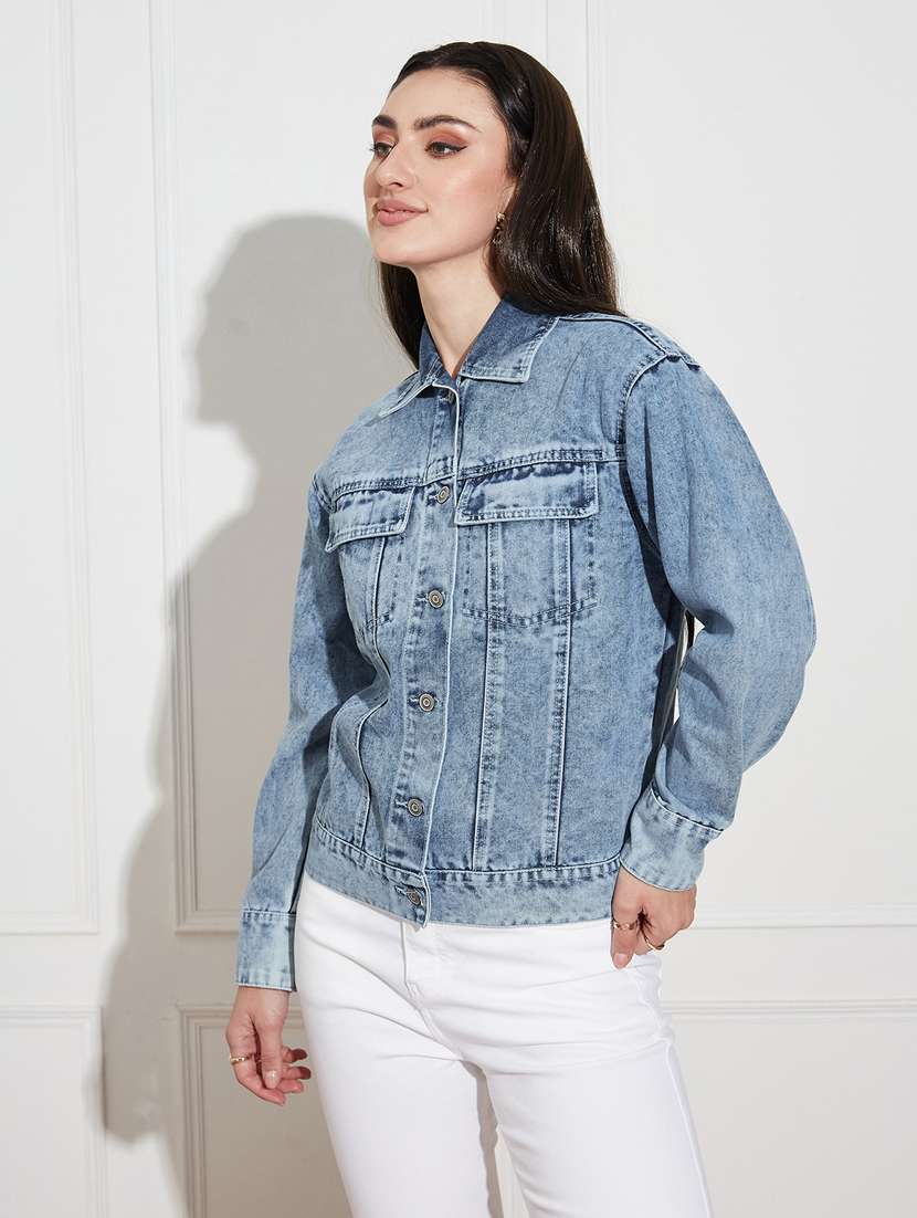 women solid collared long sleeve denim jacket - 22402585 -  Standard Image - 2