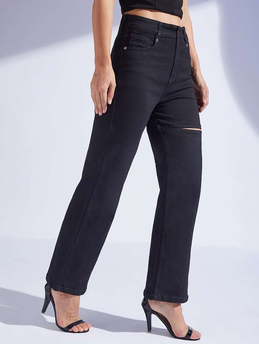 women slash knee high rise straight jeans - 22402595 -  Standard Image - 2
