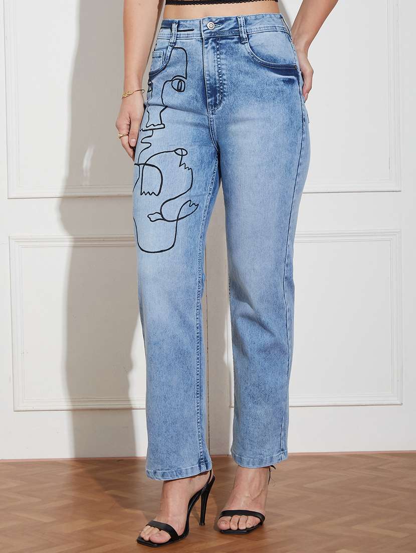 women printed high rise straight jeans