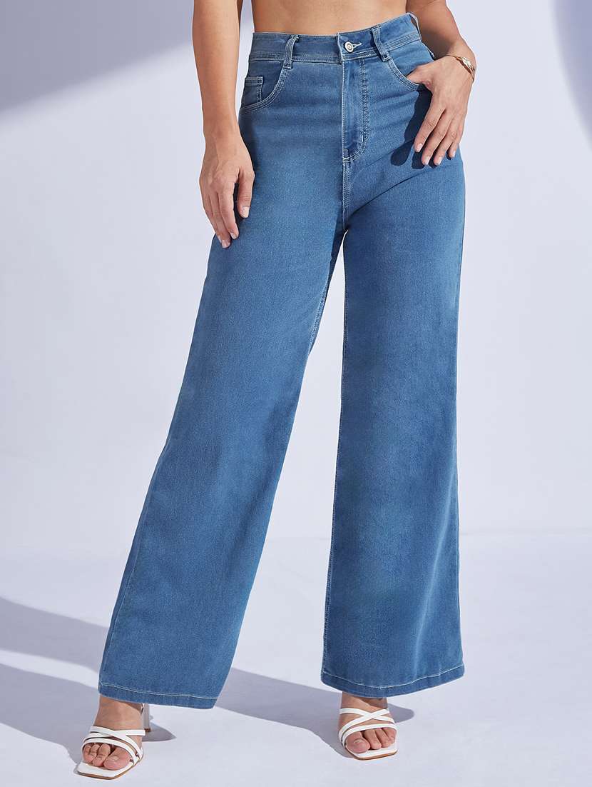 women solid high rise wide leg jeans