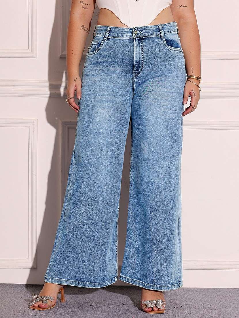 women solid high rise wide leg jeans