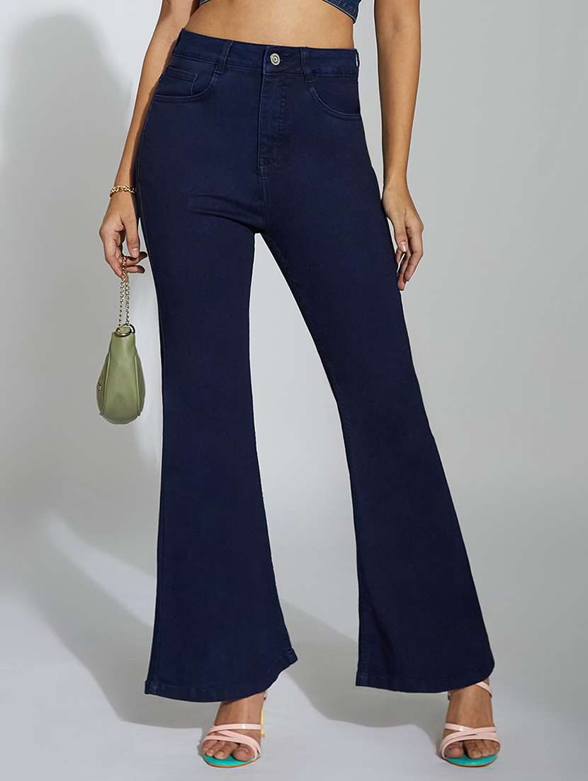 women solid high rise bootcut jeans