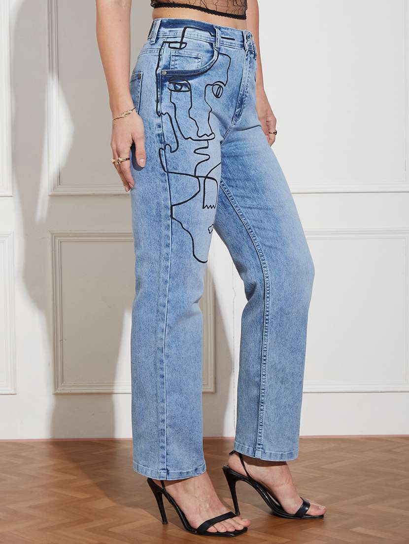 women printed high rise straight jeans