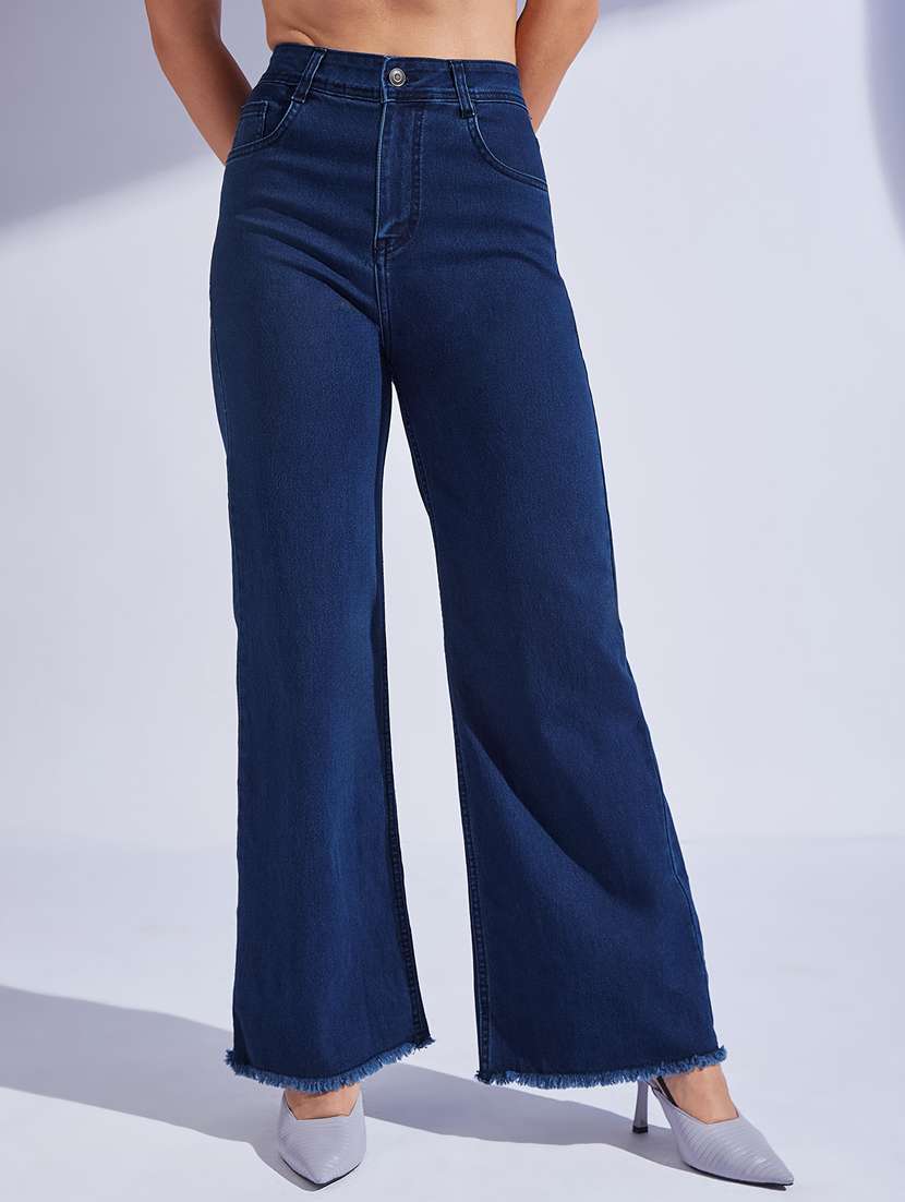 women solid high rise wide leg jeans