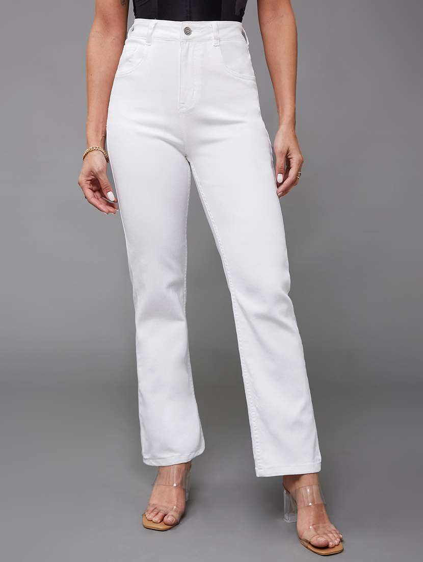 women solid high rise straight jeans