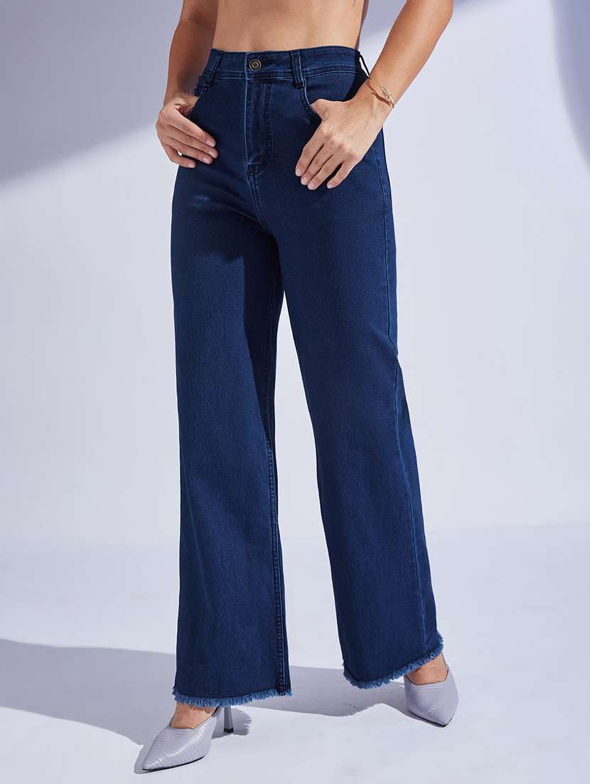 women solid high rise wide leg jeans