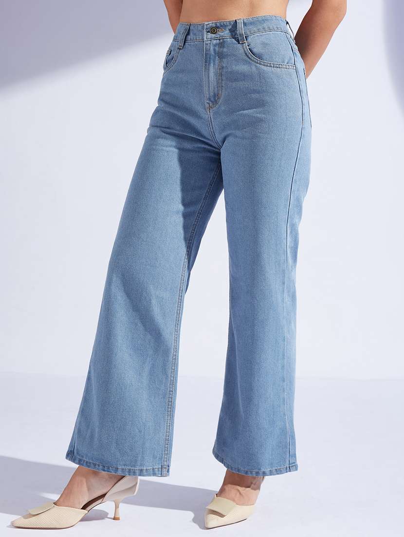 women solid high rise wide leg jeans