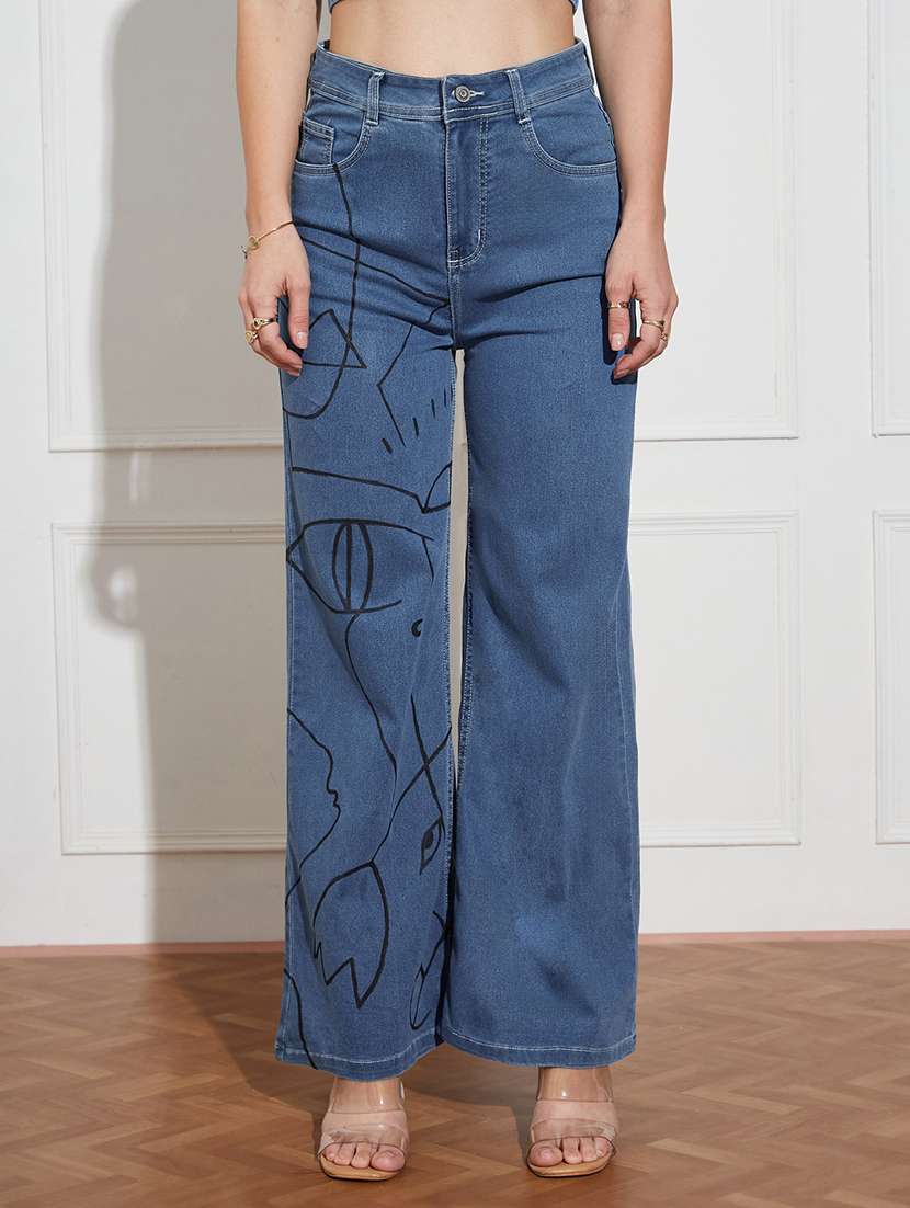 women printed high rise wide leg jeans