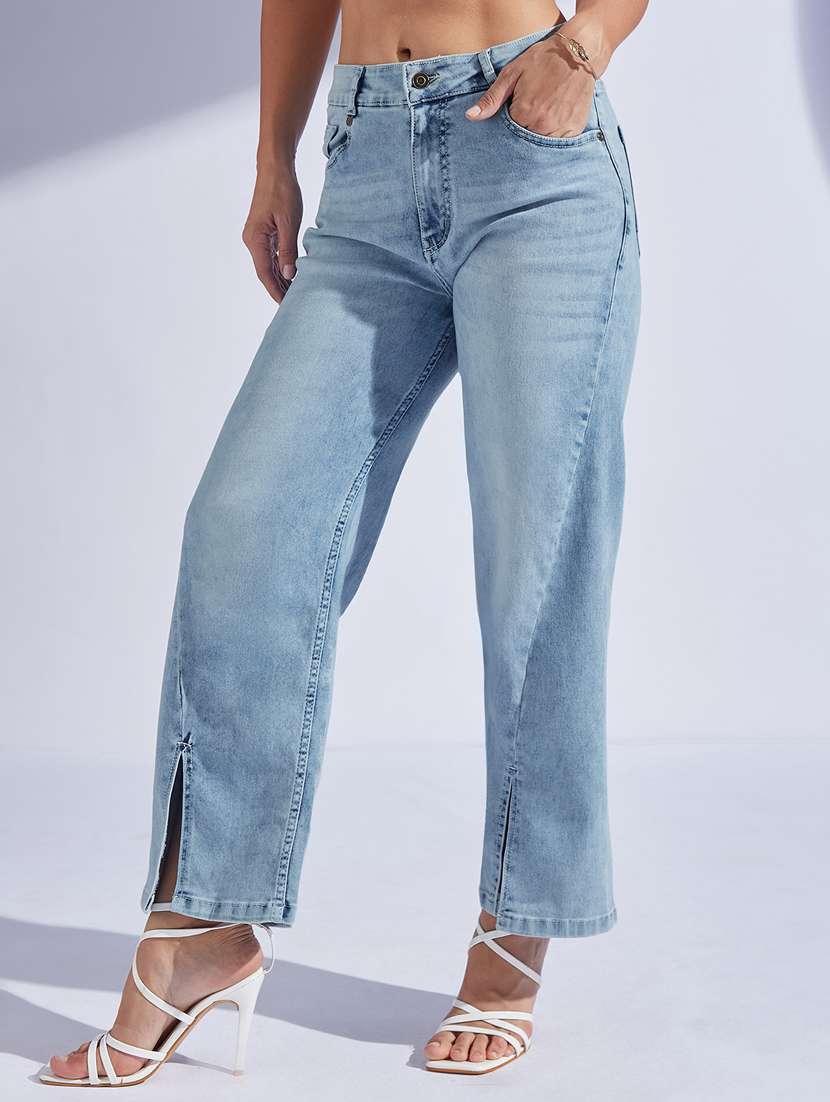 women solid mid rise straight jeans