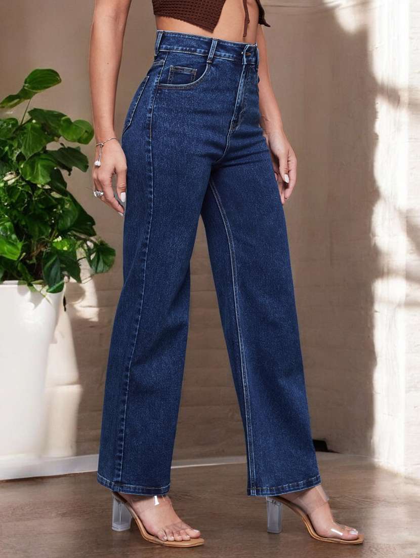 women solid high rise wide leg jeans