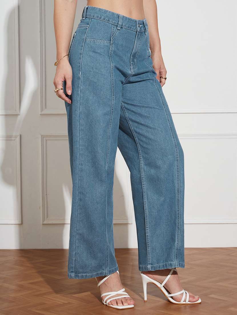 women solid high rise wide leg jeans