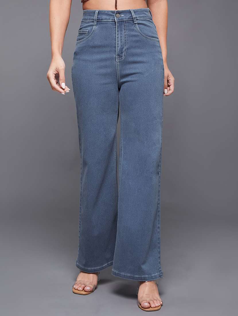 women solid high rise wide leg jeans