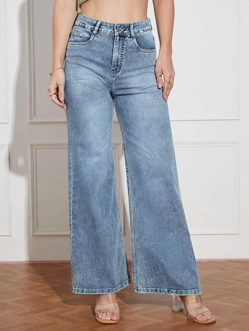 women solid high rise wide leg jeans