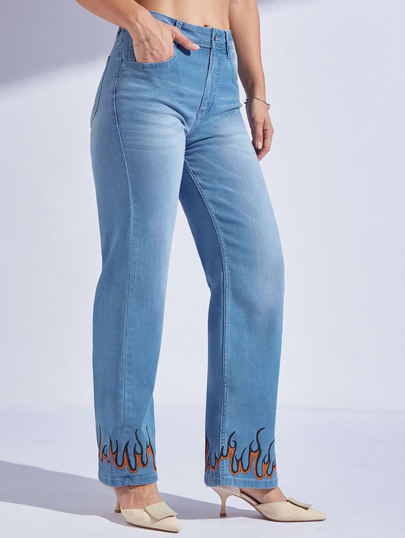 women printed high rise straight jeans