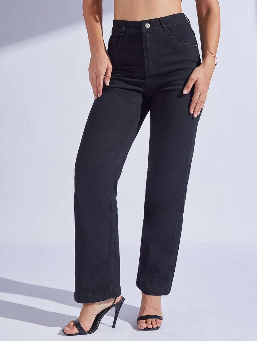 women solid high rise straight jeans