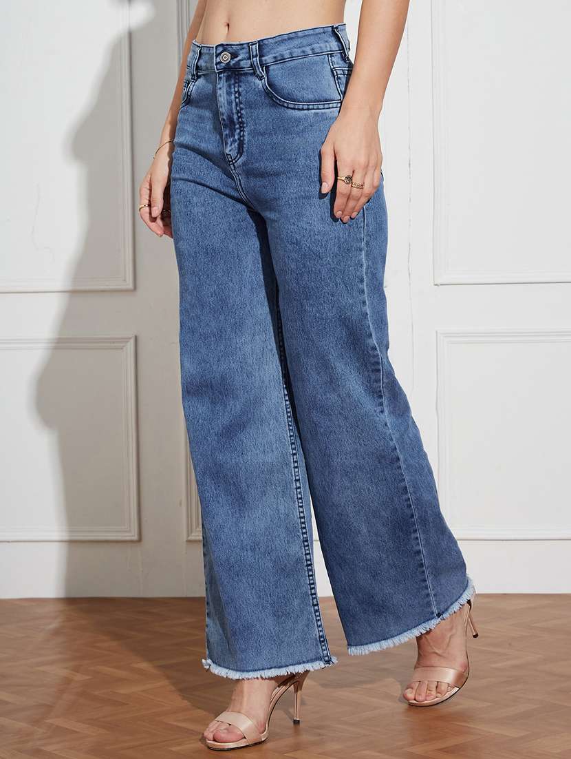 women solid high rise wide leg jeans