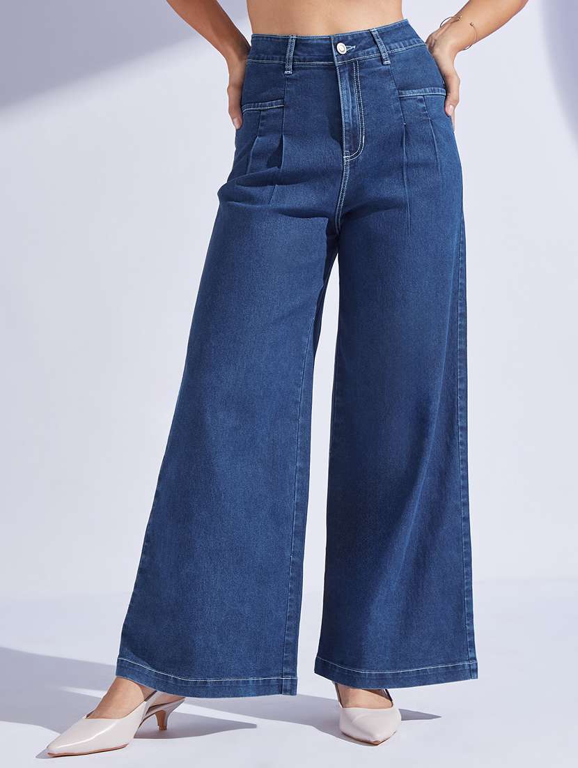 women solid high rise wide leg jeans