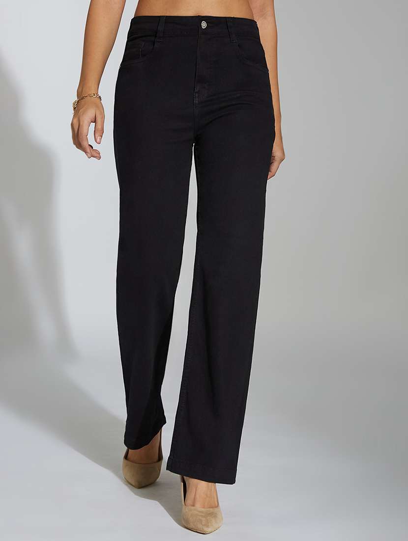 women solid high rise straight jeans